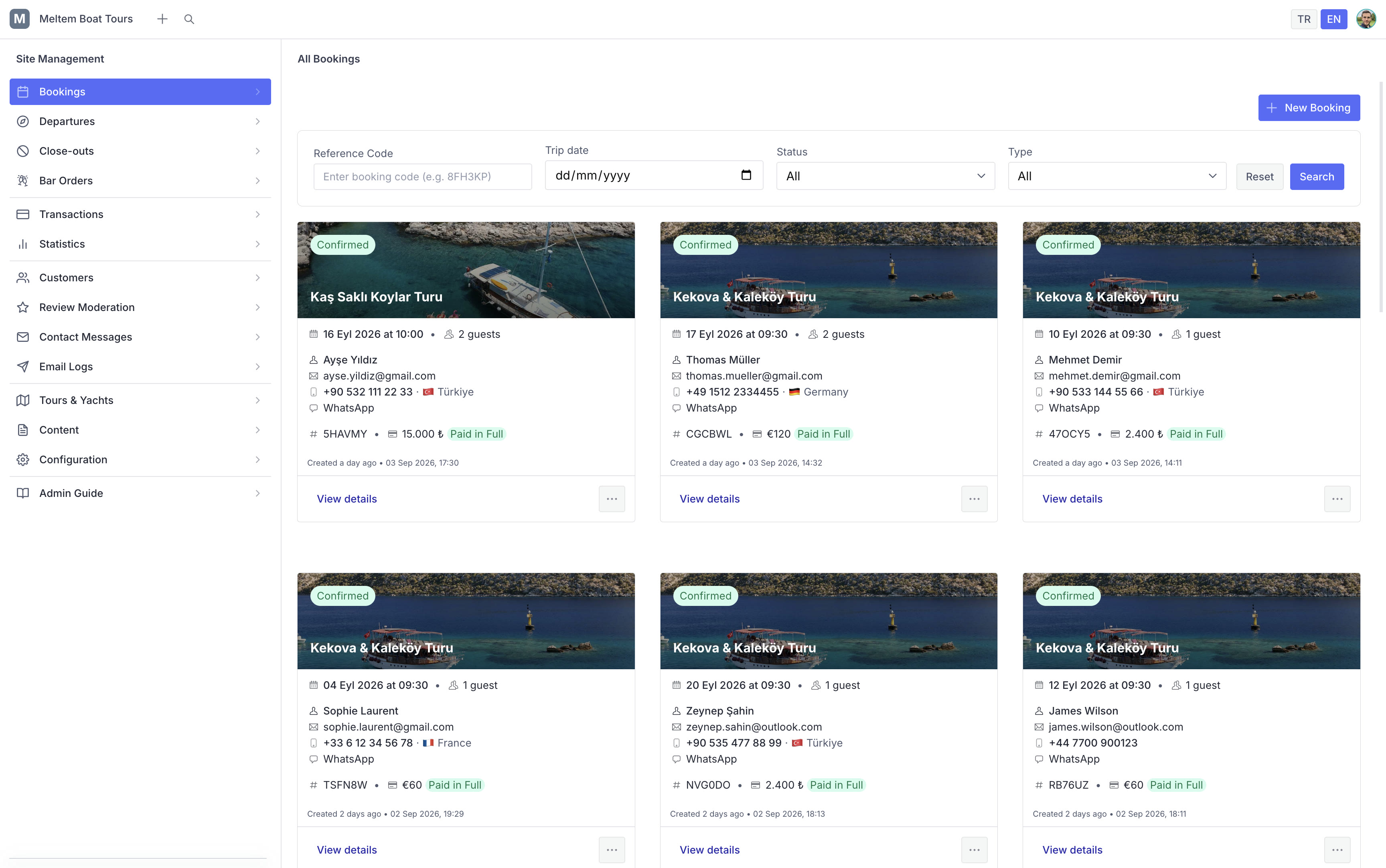 Admin — bookings dashboard